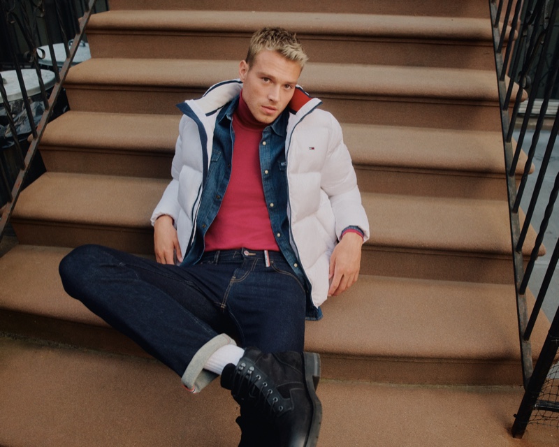 Matthew Noszka sports essential denim and more for Tommy Hilfiger's holiday 2021 campaign.