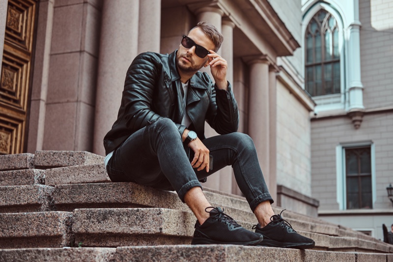 Trendy Guy Leather Jacket Dark Wash Jeans Sitting