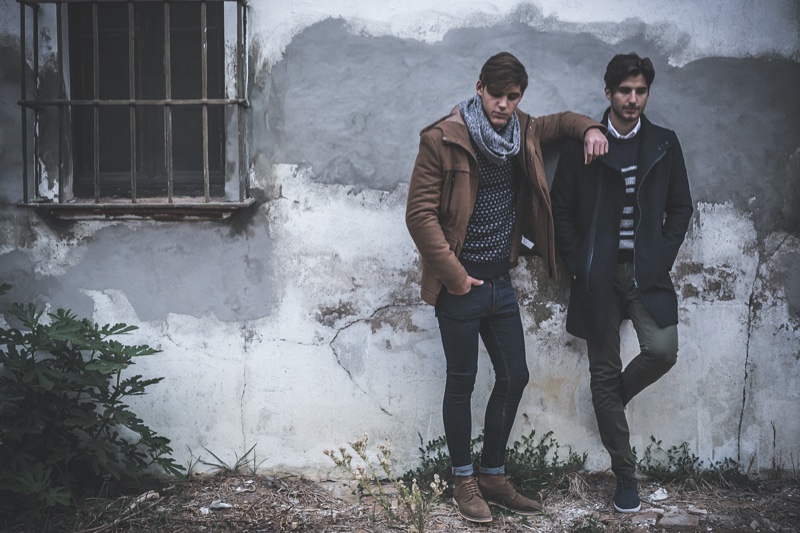 Two Male Models Jackets Skinny Trousers Outfits Two Male Models Jackets Skinny Trousers Outfits