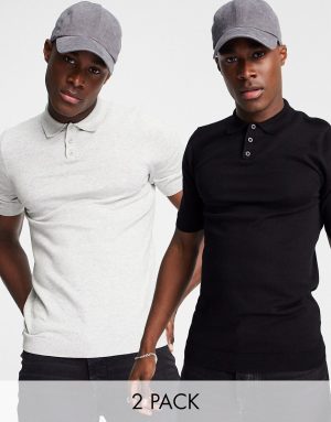 ASOS DESIGN 2 pack knitted muscle fit polo neck t-shirt in gray & black-Multi ASOS DESIGN 2 pack knitted muscle fit polo neck t-shirt in gray & black-Multi