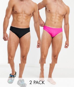 ASOS DESIGN 2 pack swim briefs in bright pink and black save-Multi ASOS DESIGN 2 pack swim briefs in bright pink and black save-Multi