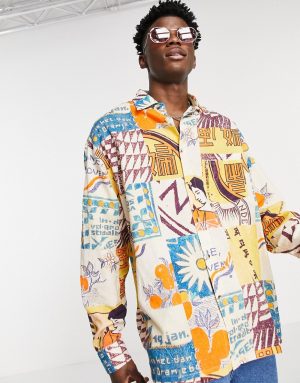 ASOS DESIGN boxy oversized shirt in linen mix with postcard print-Multi ASOS DESIGN boxy oversized shirt in linen mix with postcard print-Multi