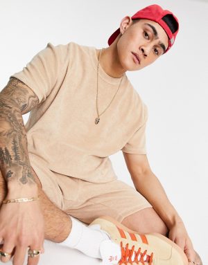 ASOS DESIGN two-piece relaxed t-shirt in towelling in beige-Neutral ASOS DESIGN two-piece relaxed t-shirt in towelling in beige-Neutral
