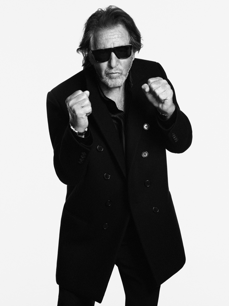 Actor Al Pacino Saint Laurent Campaign 2022 Spring/Summer Double-breasted coat sunglasses fighting pose fists