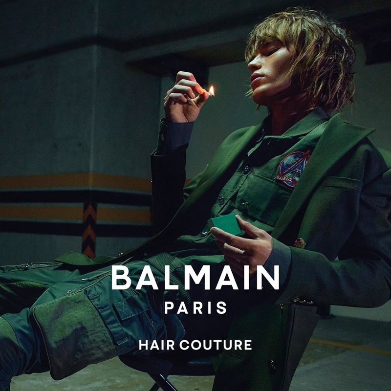 Australian model Jordan Barrett appears in the Balmain Paris Hair Couture fall-winter 2021 campaign.