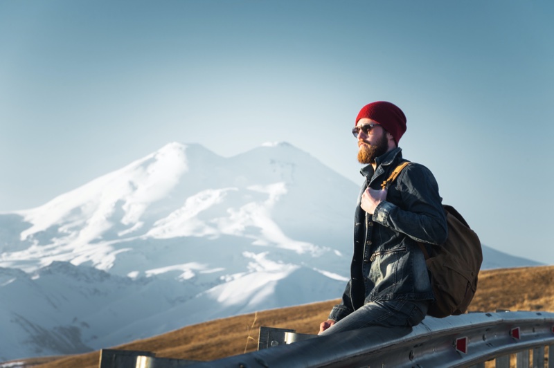 Bearded Man Hiking Hitchhiking Road