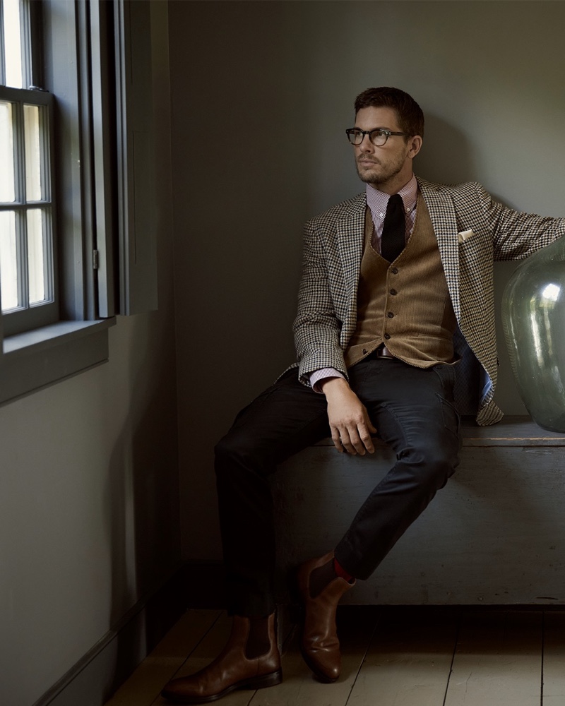 A dapper vision, Adam Senn dresses up in tailored pieces from Brooks Brothers.