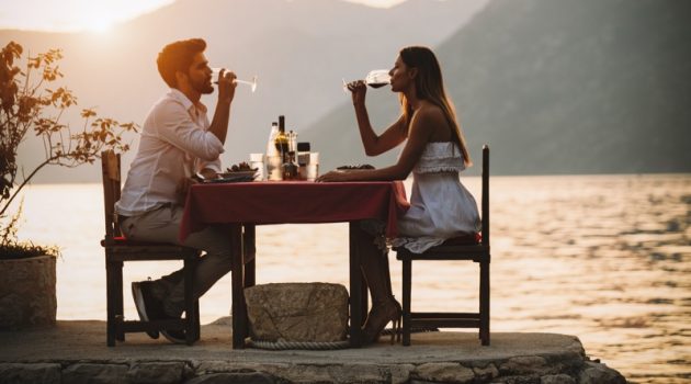 Couple Dinner Drinking Elegant Sunset Table