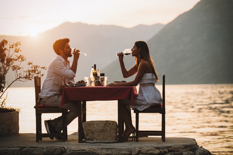 Couple Dinner Drinking Elegant Sunset Table