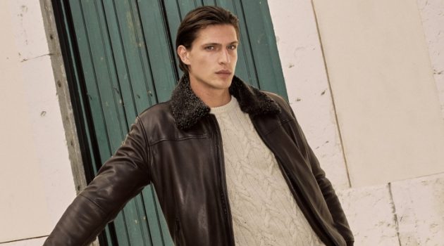Up & Down: Edoardo Hits the Town in Massimo Dutti Edoardo Sebastianelli 2021 Massimo Dutti Leather Jacket Cable-knit Sweater Chinos