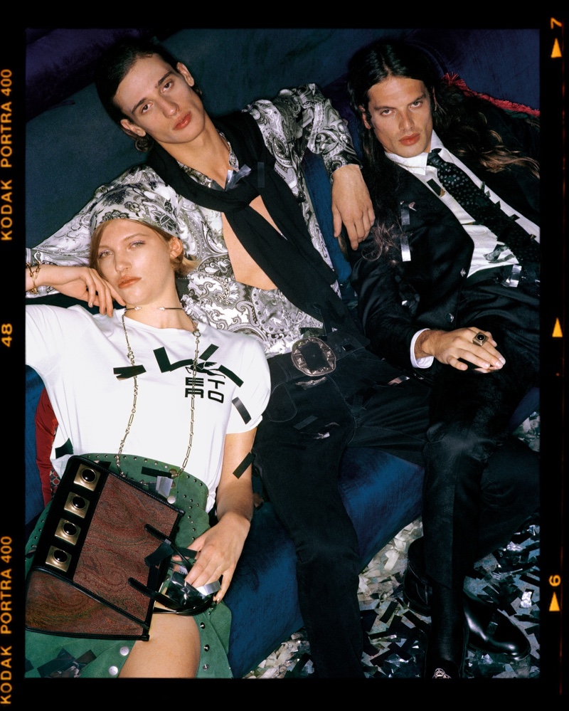 Antonia El Ghali, Pasquale, and Andrea Silenzi star in Etro's holiday 2021 campaign.