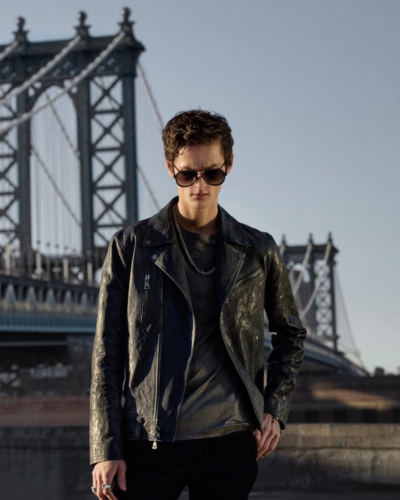 Trevor Willis is a cool vision in John Varvatos' biker jacket.