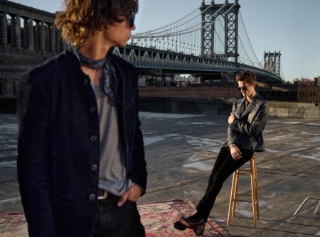 Models Griffin Reed and Trevor Willis showcase looks from John Varvatos' resort 2022 collection.