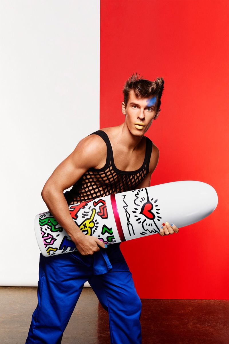 Model August Gonet stars in the MAC Viva Glam x Keith Haring campaign.