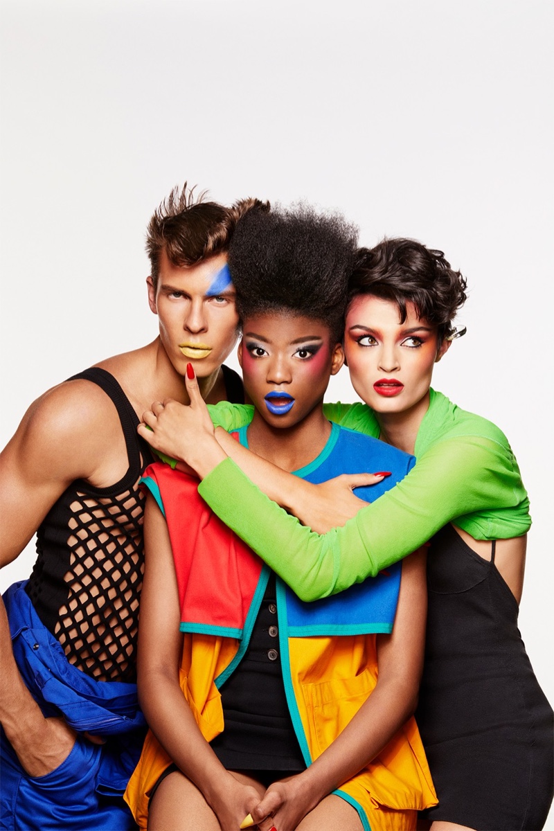 Models August Gonet, Bria Bryant, and Isabella Emmack come together for the MAC Viva Glam x Keith Haring campaign.