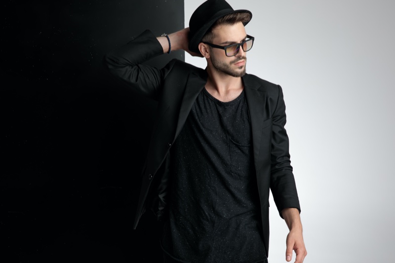 Male Model Black Hat Blazer T-Shirt