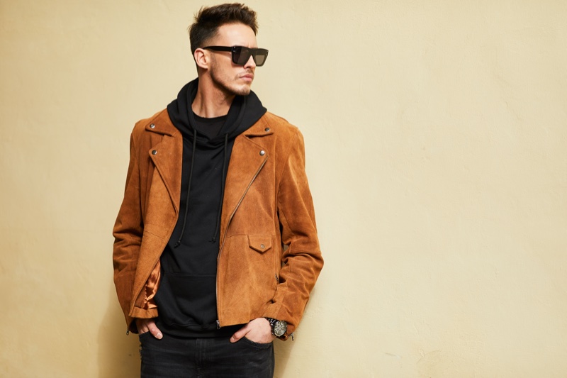 Male Model Brown Suede Jacket Hoodie Outfit