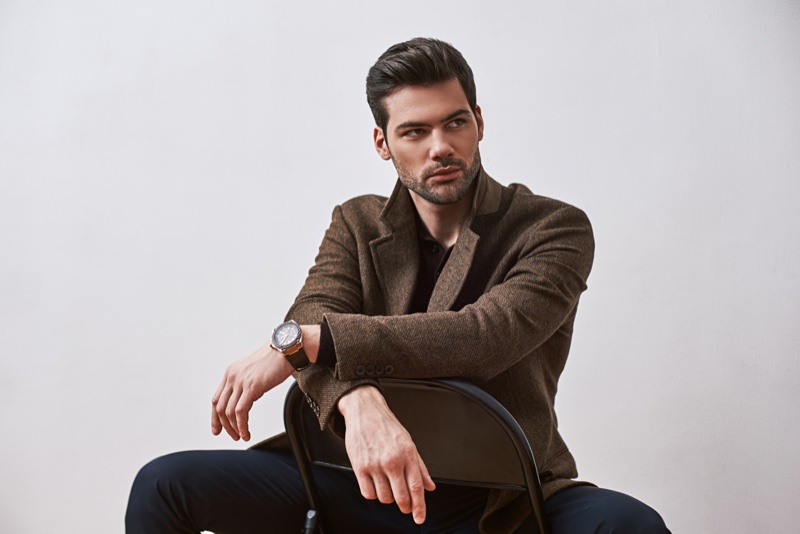 Male Model Confident Brown Jacket Watch1 Male Model Confident Brown Jacket Watch