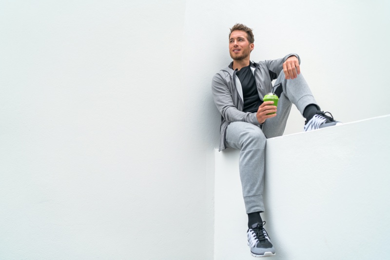 Male Model Grey Jogger Sweat Suit Green Juice