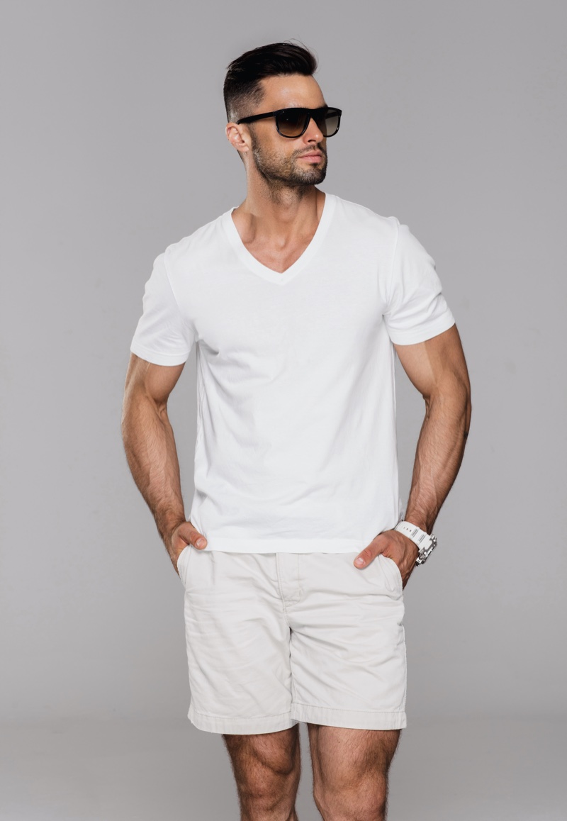 Male Model V-Neck Shirt Shorts
