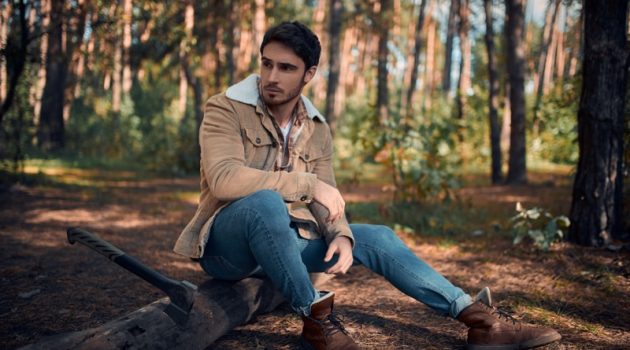 Man Outdoors Woods Style Brown Jacket Jeans