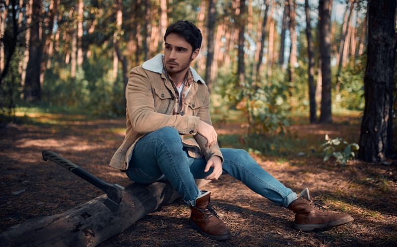 Man Outdoors Woods Style Brown Jacket Jeans Man Outdoors Woods Style Brown Jacket Jeans