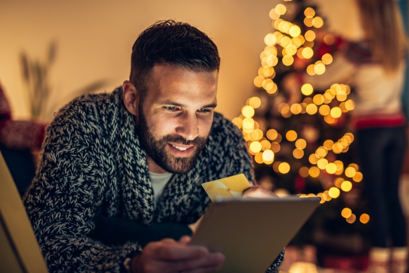 Man Shopping Online Card Christmas Tree