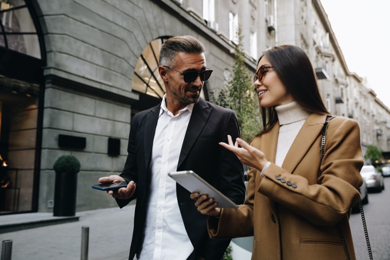 Man Woman Discussing Business Walking Style Man Woman Discussing Business Walking Style