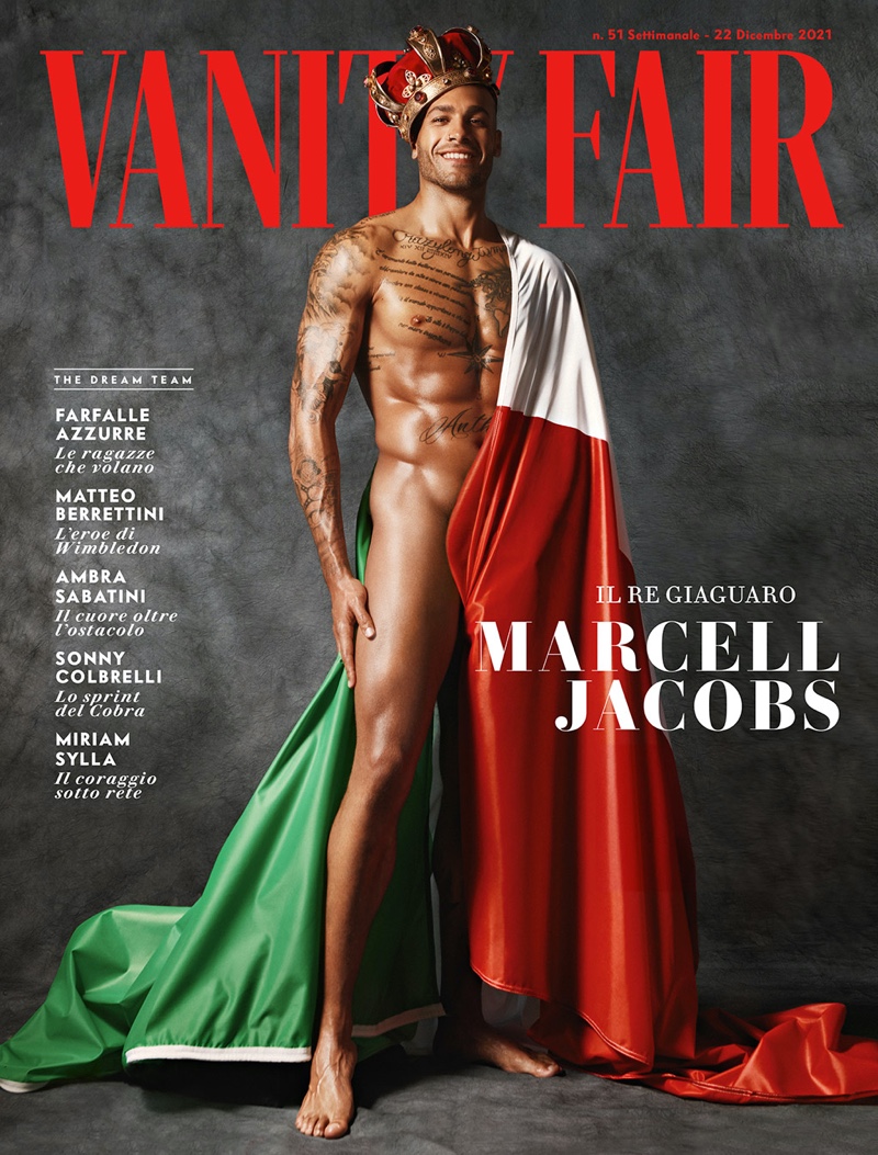 Going nude, Marcell Jacobs is draped in the Italian flag for Vanity Fair Italia's December 2021 issue.