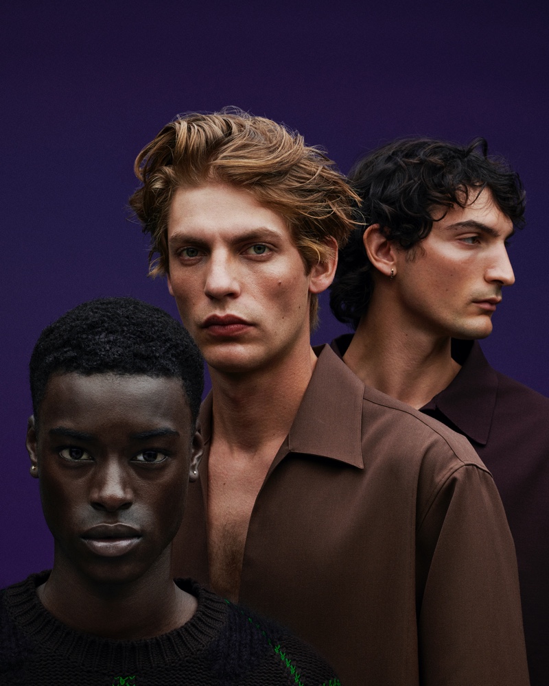 Models Babacar N'doye, Baptiste Radufe, and Luca Lemaire star in Mytheresa's cruise 2022 campaign.