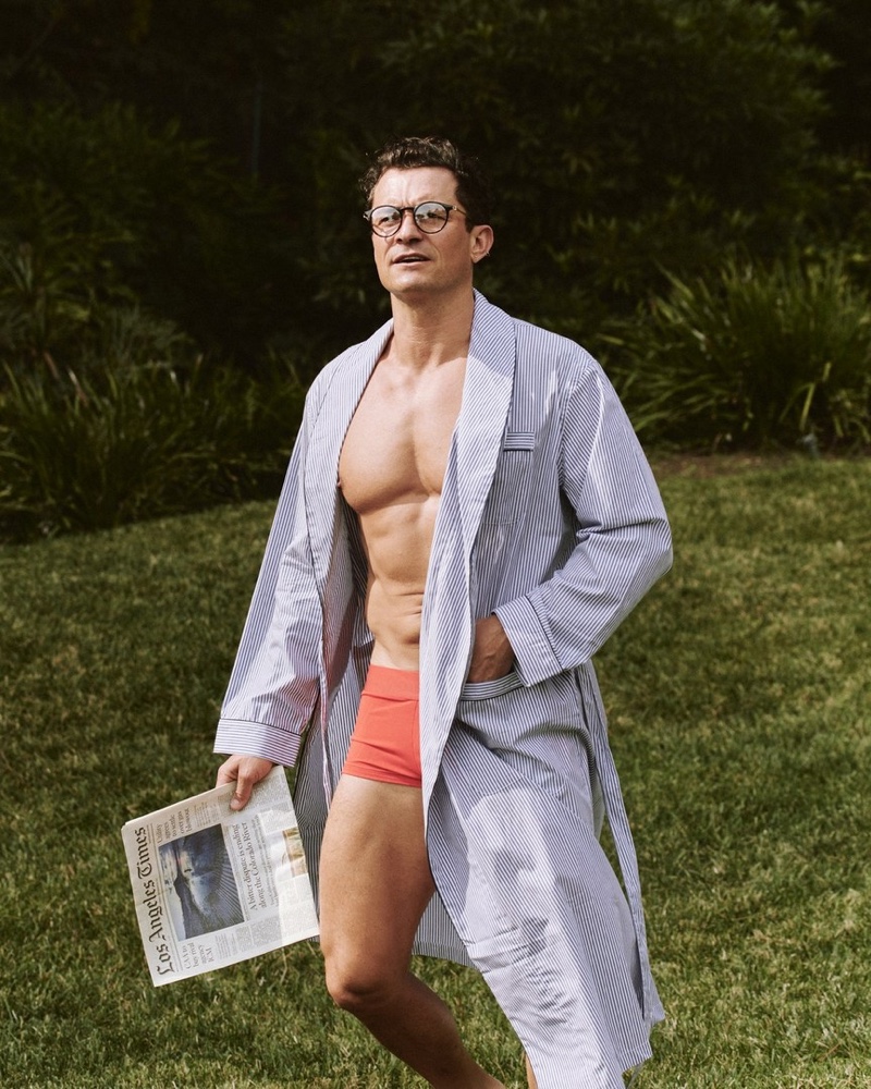 Wearing a Hugo Boss robe and underwear, Orlando Bloom is a smart vision in BOSS glasses for Esquire.