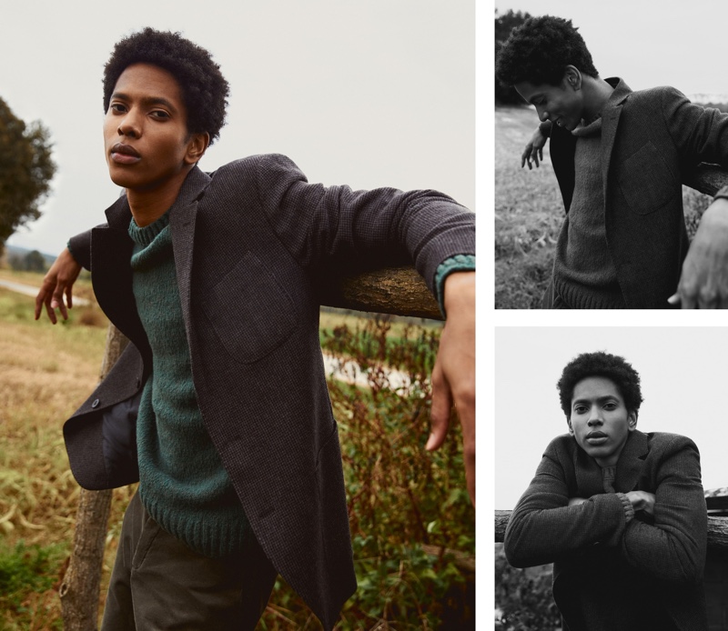 Model Rafael Mieses dons a woven blazer with a crewneck sweater from Massimo Dutti.