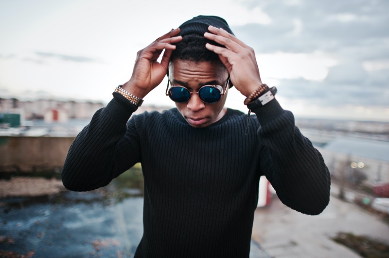 Stylish Black Man Sweater Sunglasses Bracelets Watch