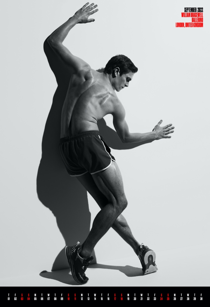 Ballerino William Bracewell shows off his moves in EA7 Emporio Armani for VMAN's 2022 calendar.