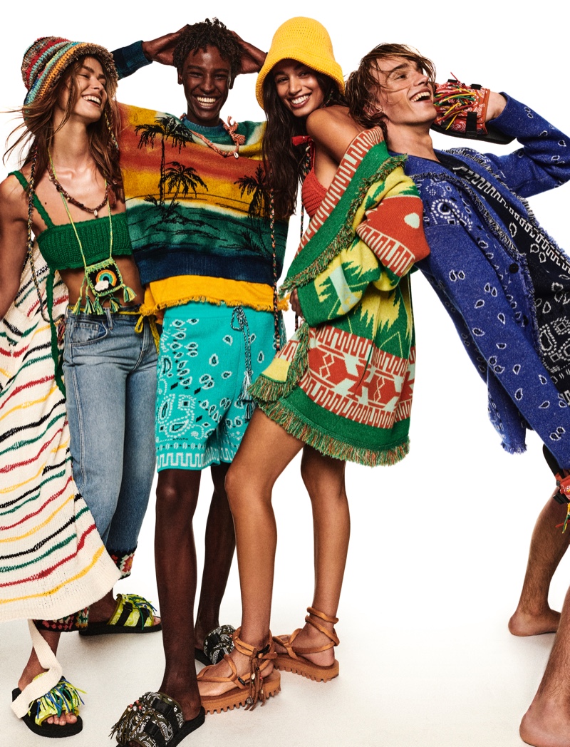 Embracing tropical style, Birgit Kos, Jibriil Ollow, Malika El Maslouhi, and Jass Reemann star in Alanui's spring-summer 2022 campaign.