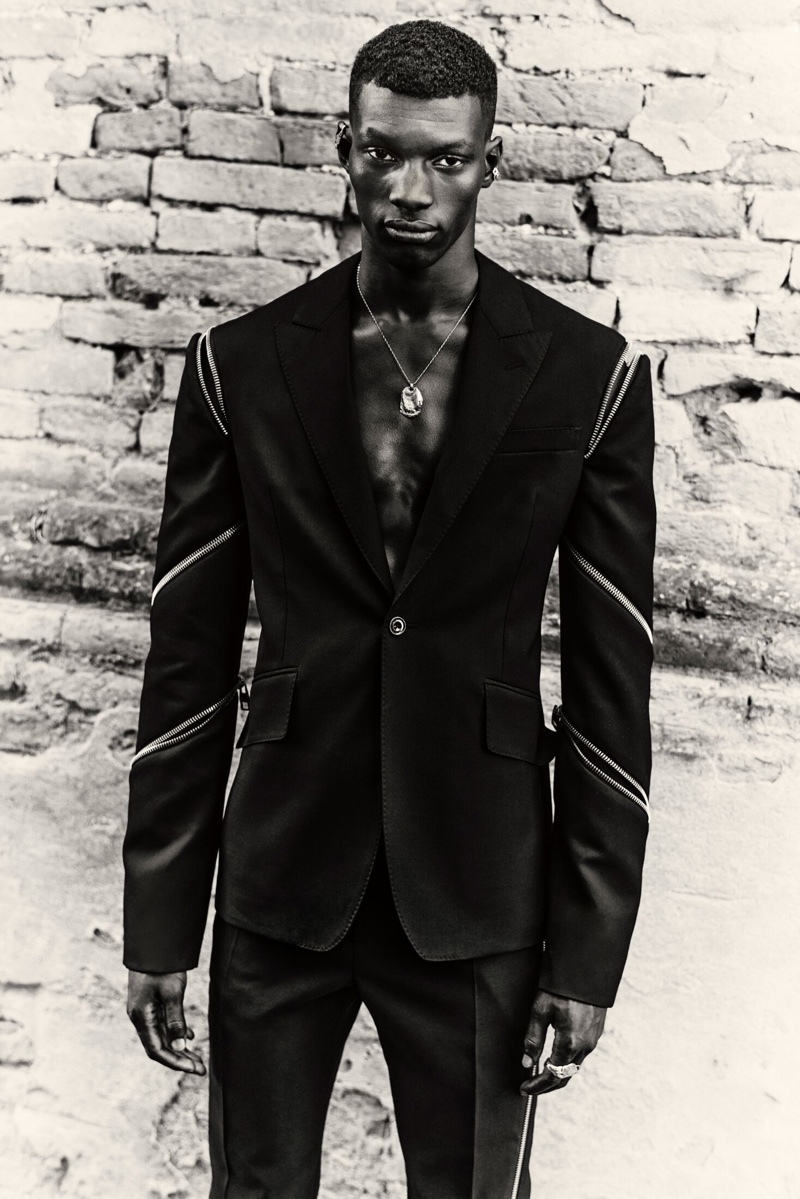 Momo Ndiaye fronts Alexander McQueen's spring-summer 2022 men's campaign.