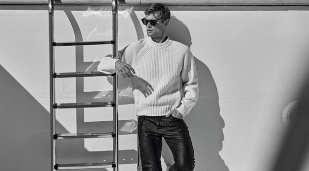 Elliott Reeder Embraces Easy Cool Style for L'Officiel Hommes Ukraine Elliott Reeder Model LOfficiel Hommes Ukraine Sweater Sunglasses Leather Pants Style