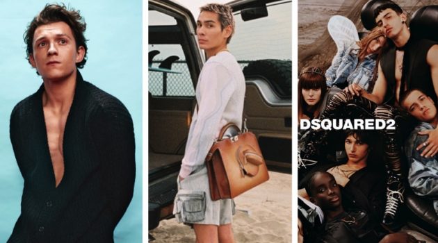 Tom Holland for Prada spring-summer 2022 campaign, Evan Mock for Fendi advertisement, and Dsquared2 campaign.