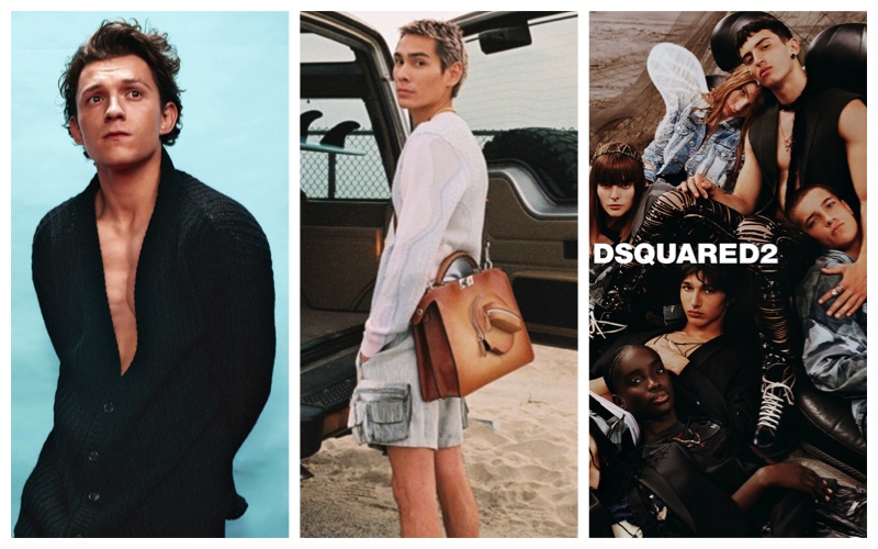 Tom Holland for Prada spring-summer 2022 campaign, Evan Mock for Fendi advertisement, and Dsquared2 campaign.