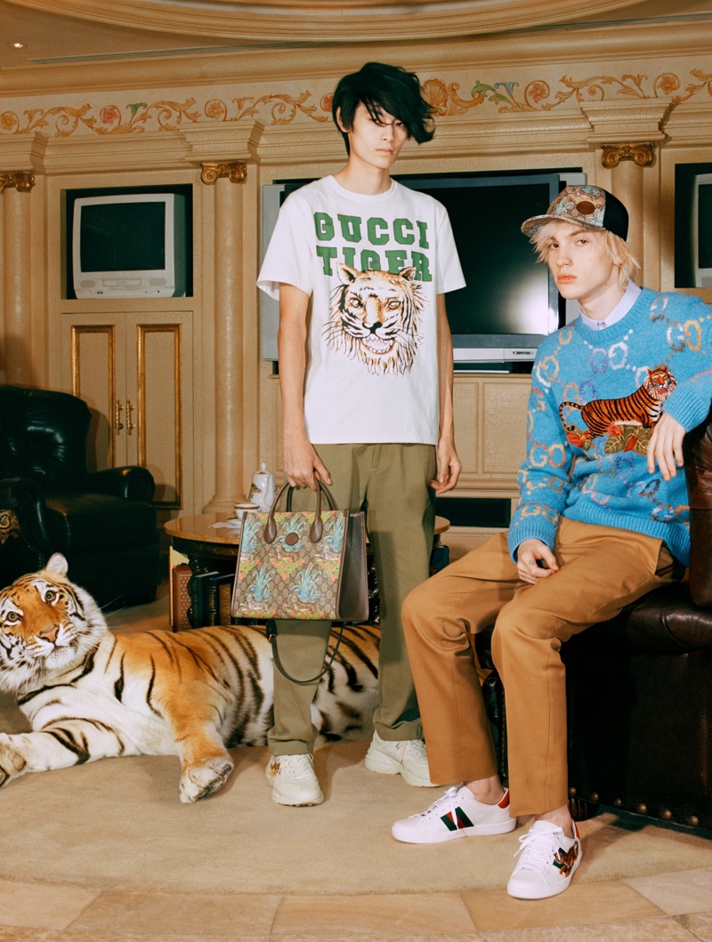 Models Kuya Okai and Carson Williams for Gucci Tiger capsule collection.
