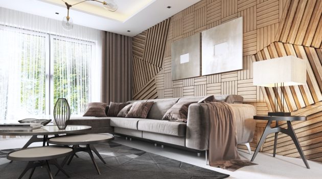 Are Wooden Wall Panels Making a Design Comeback? Intricate Wood Paneling Behind Couch Home