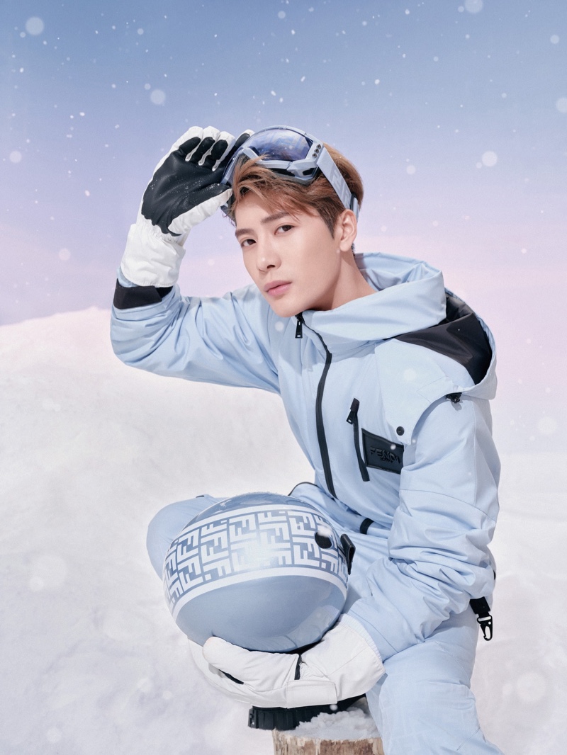 Ready for his close-up, Jackson Wang fronts the new Fendi ski wear campaign.