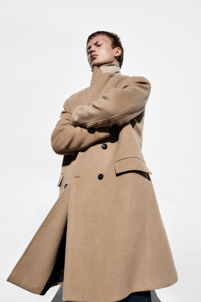 German model Jonas Glöer wears a wool-blend coat from Zara.