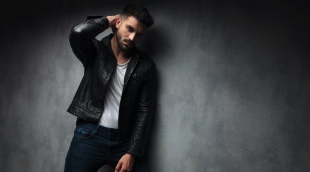 Male Model Leather Jacket Jeans Shirt