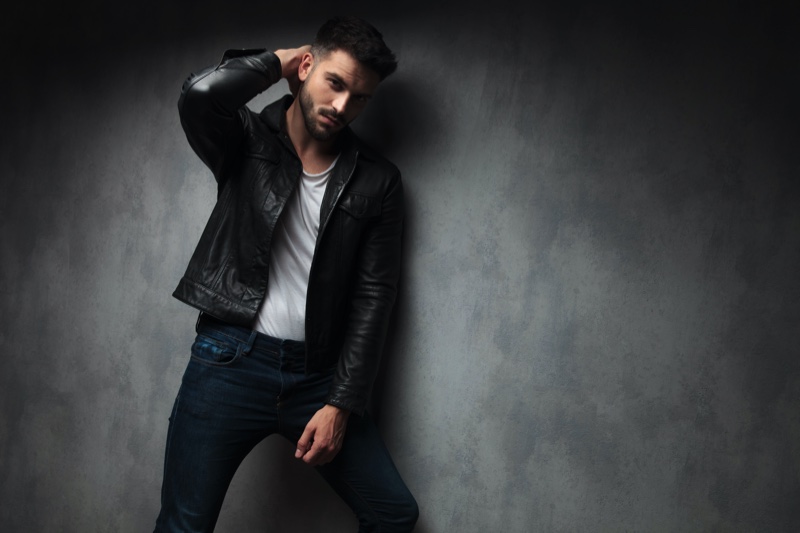 Male Model Leather Jacket Jeans Shirt Male Model Leather Jacket Jeans Shirt