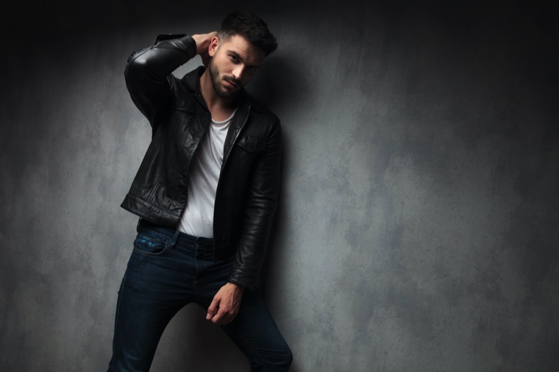 Male Model Leather Jacket Jeans Shirt