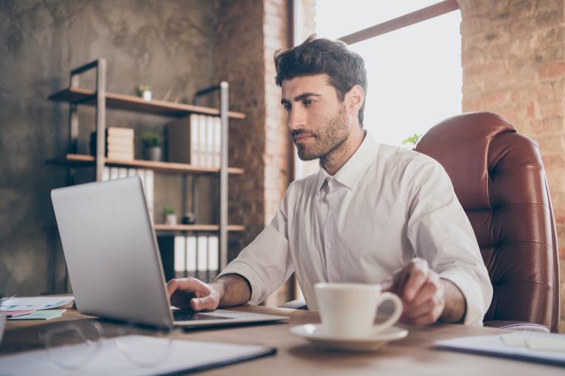 Male Model Sitting Office Chair Laptop