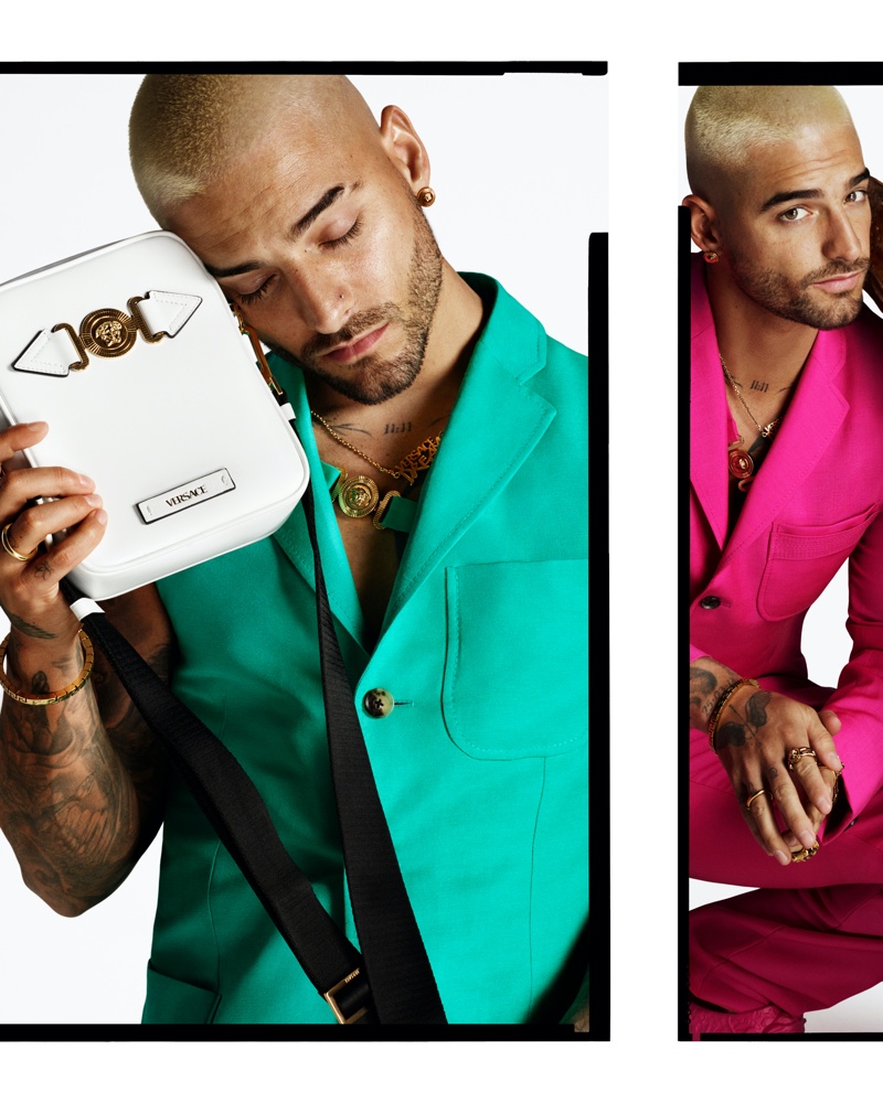 Maluma Versace Campaign 2022 Spring Green Suit White Bag