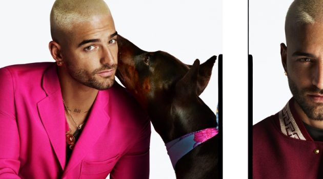 Maluma Turns Heads in Versace Spring Campaign Maluma Versace Campaign Spring 2022 Pink Suit Dog