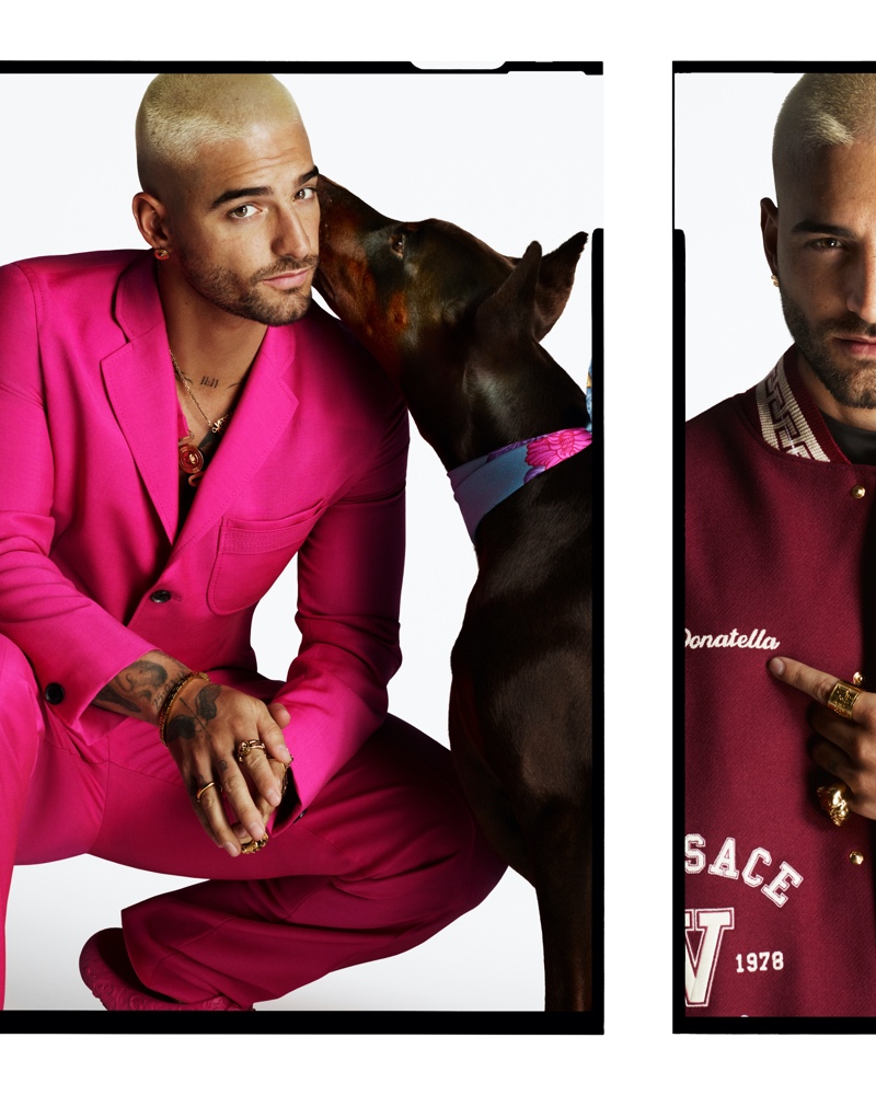 Maluma Versace Campaign Spring 2022 Pink Suit Dog